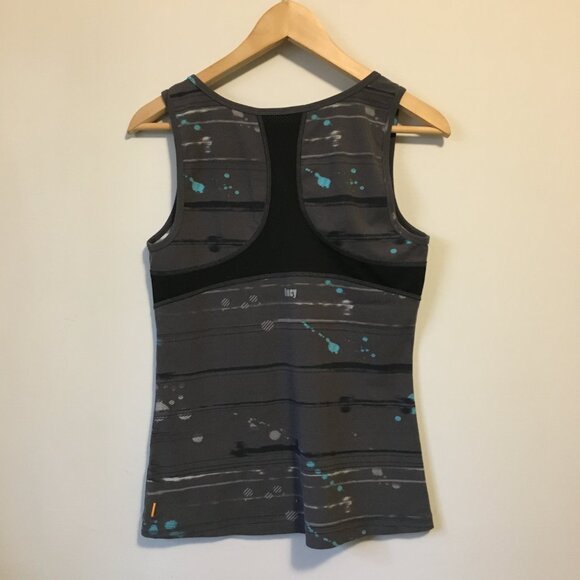 Lucy Charcoal Grey Blue Paint Splat Racer Back Tank Top - Picture 2 of 11